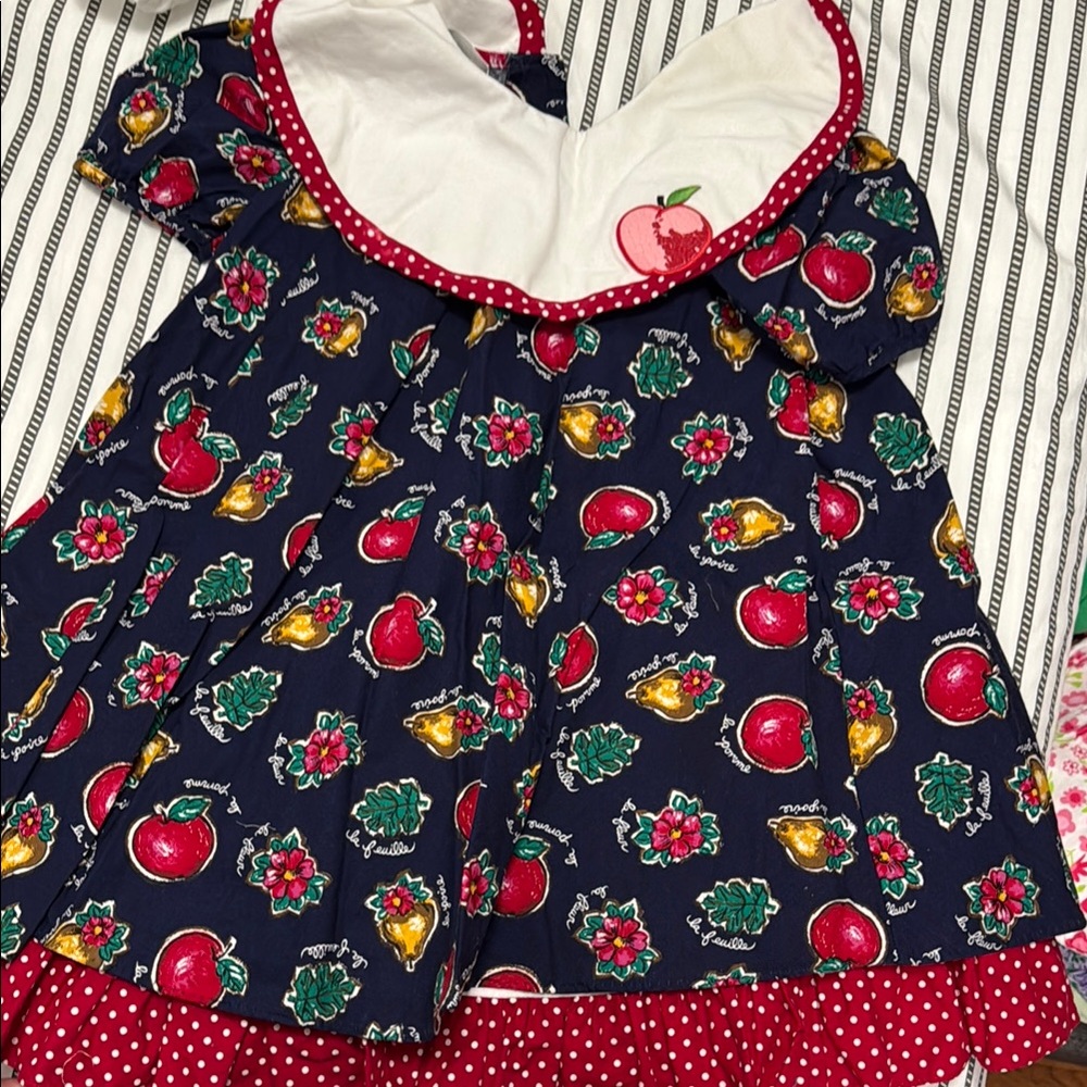 Kids Apple Print Dress - Navy and Red